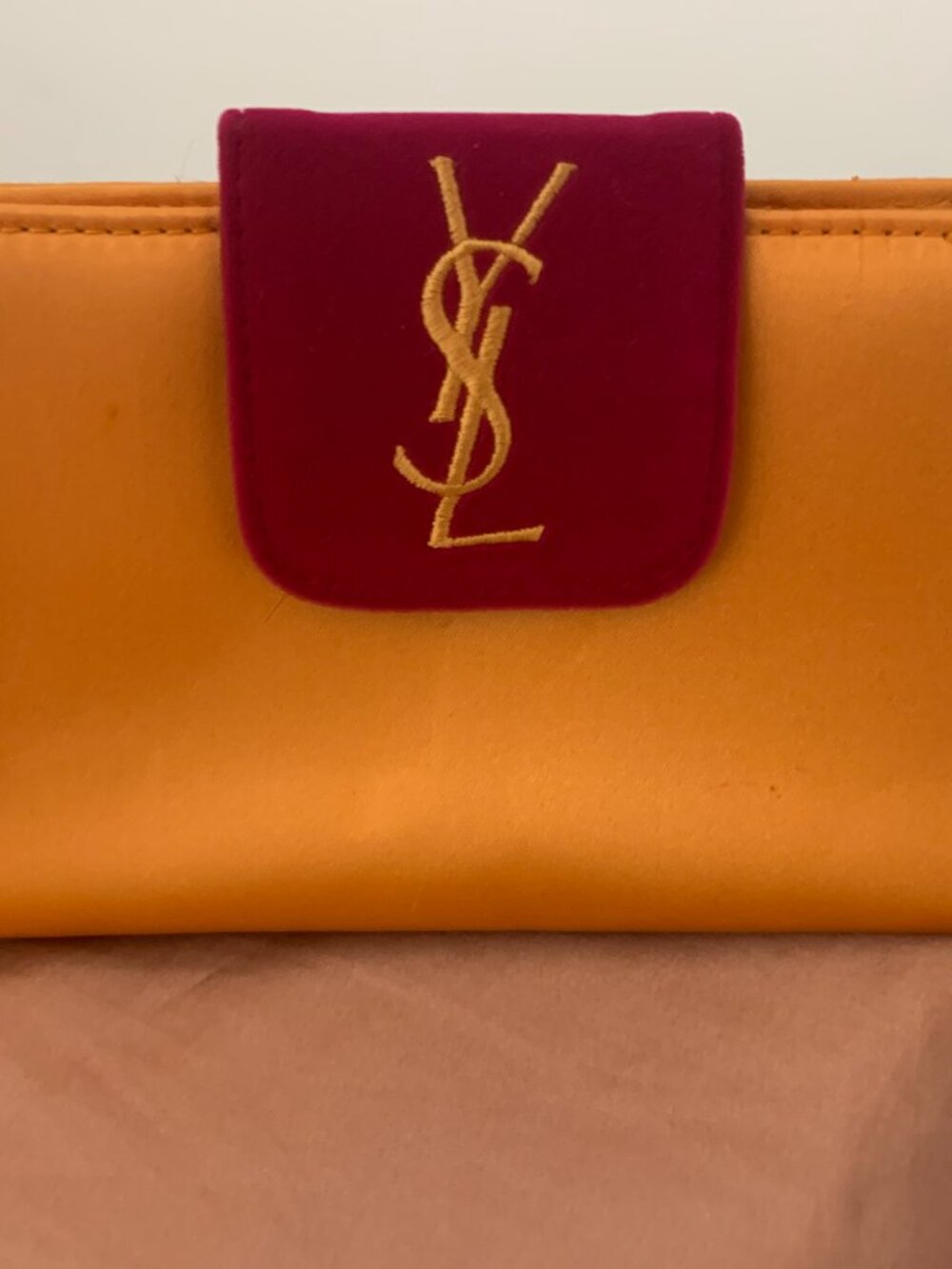 YSL Vintage Satin Cosmetics Small Clutch Bag in Pink Orange